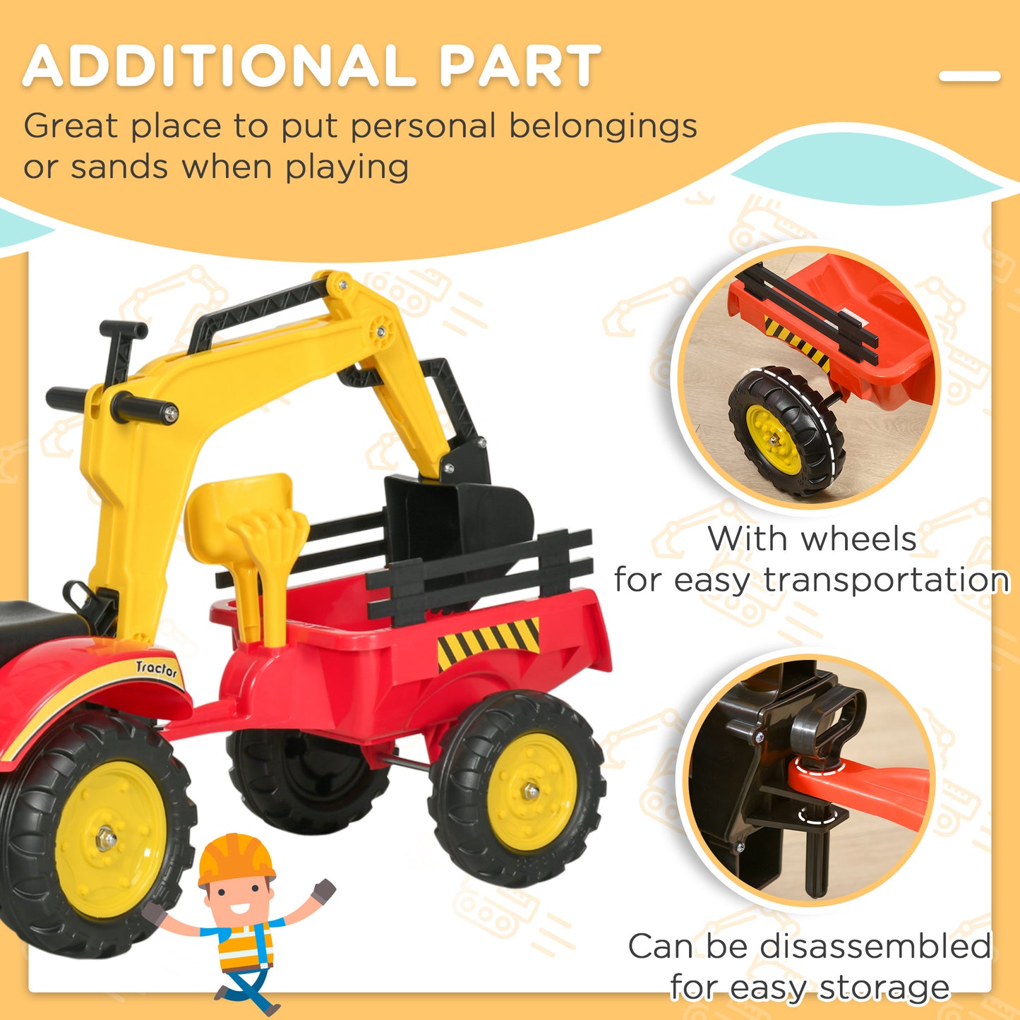 Kids Ride On Excavator Toy Pedal Powered Digger With 6 Wheels Detachable Trailer Controllable Bucket For Ages 3-6
