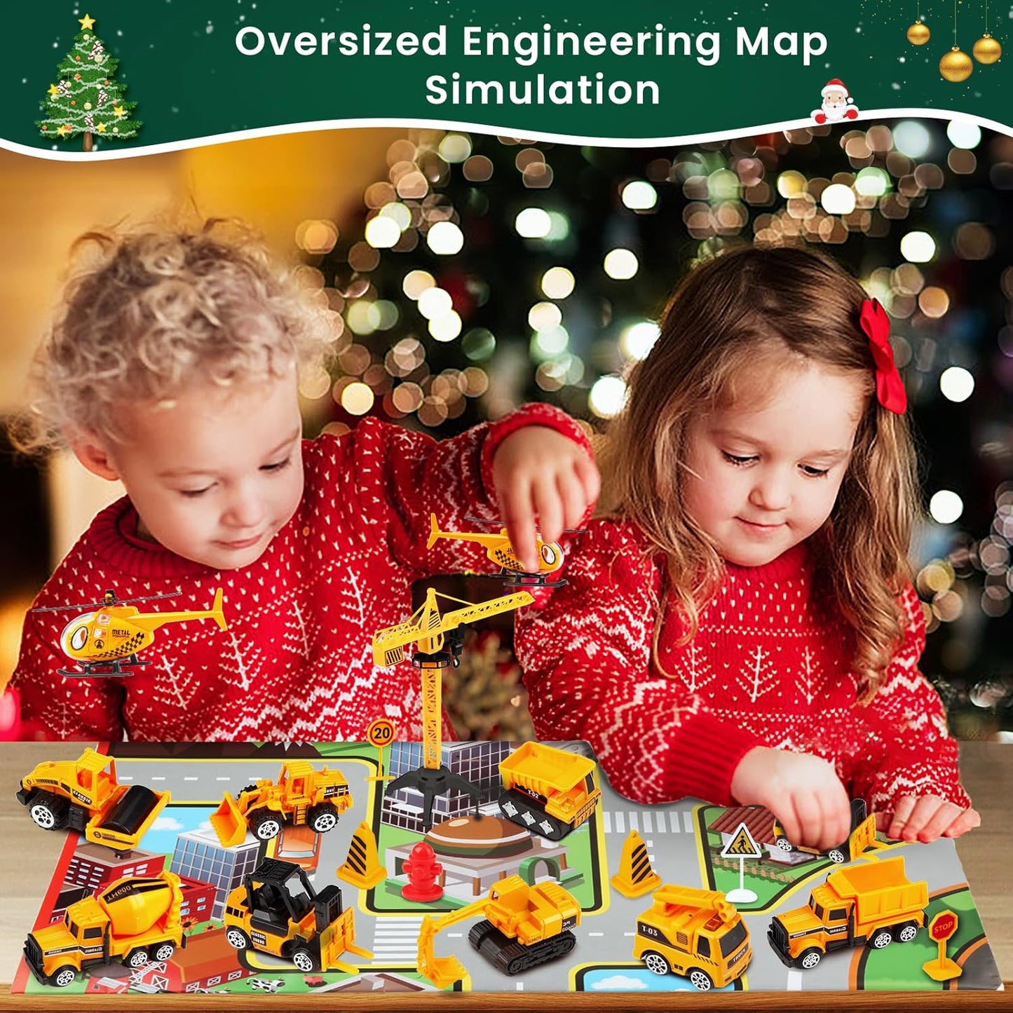 Kids Construction Toys Playset – 24PCS Cartoon Engineering Vehicles | Excavator, Bulldozer, Crane & Dump Truck | Imaginative STEM Toy Set | Holiday Gift for Boys and Girls Age 6+