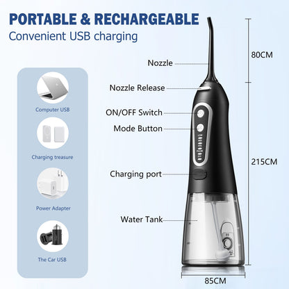 Portable Electric Water Flosser with 6 Nozzle Heads – Rechargeable Cordless Oral Cleaner for Deep Gum Care, Multiple Pressure Modes, Leak-Proof Design for Home & Travel
