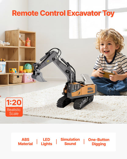 Remote Control Excavator Toy, 11 Channel, 1:20 Scale Remote Control Digger Toy, RC Excavator With Lights & Sounds, Full Functional Construction Vehicles For Kids, 2 Batteries, Birthday Present