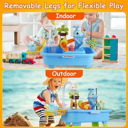 1Set 3 In 1 Kitchen Sink Toy With Electric Faucet Water Table Fishing Game Role Play Sink Set Indoor Outdoor For Kids Aged 3 Years Old