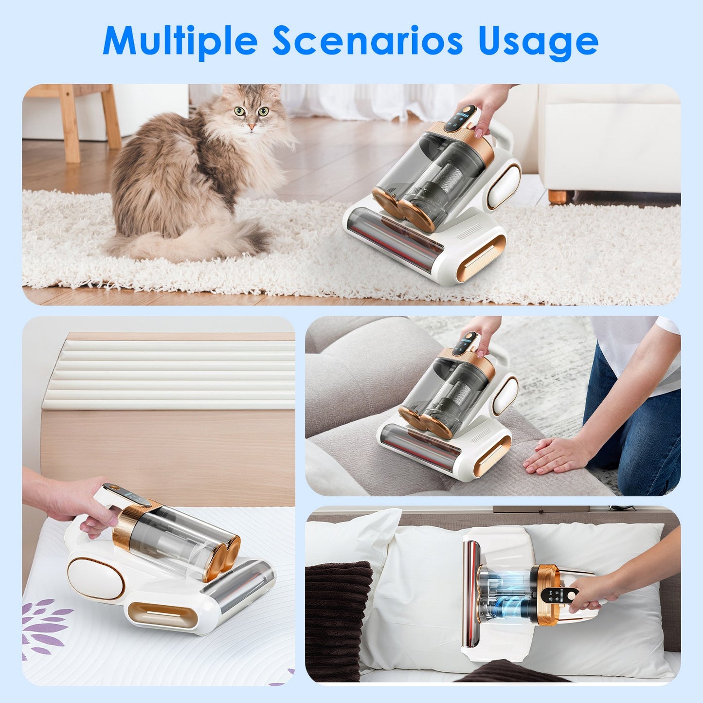 Mattress Vacuum Cleaner 16Kpa Bed Vacuum Cleaner Handheld Vacuums With Ultrasonic And UVC Light 18000 RPM Brushroll Rotation Dual Dust Bins Washable Filters For Bed Pillows Cribs Sofa