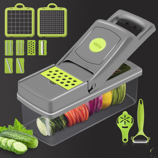 Quick Slice 14-in-1 Vegetable Cutter – Professional Food Chopper, Mandoline Slicer, and Spiralizer Set with Container (Household Kitchen Essential Gadget)