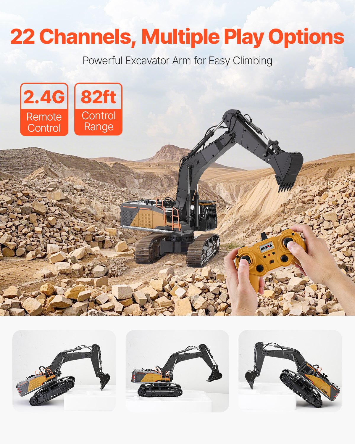 22-Channel Remote Control Excavator Toy | 1:14 Scale RC Construction Digger with Realistic Metal Arm, 360° Rotation & LED Lights | Heavy-Duty Engineering Vehicle for Kids & Beginners
