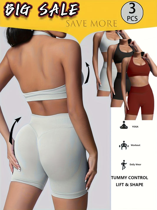 Women’s 3-Pack Activewear Set | Supportive Sports Bra with High-Waisted Shorts | Breathable Quick-Dry Yoga & Workout Outfit for Daily Training
