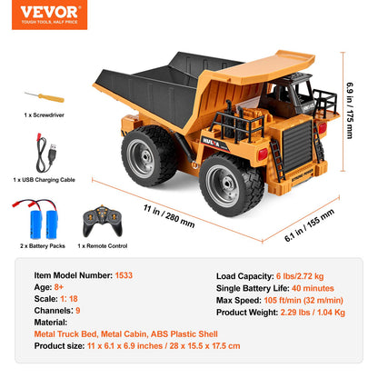 VEVOR RC Construction Dump Truck Toy 9CH | High-Speed Remote Control Vehicle | Durable Outdoor Play for Boys & Girls