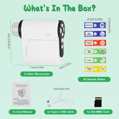 1Pc 3 In 1 Kids Microscope Telescope Camera 1,000X Handheld USB Mini Microscope With LED Light 6 Sample Slides 32G MMC Card For Boys Girls Aged 6 Years Old