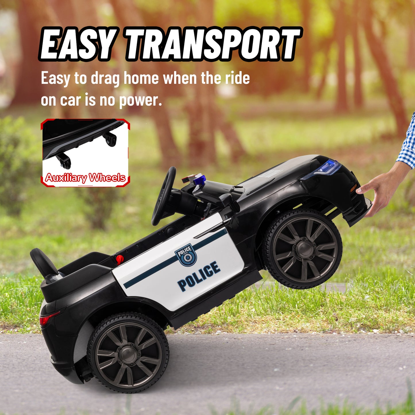 Qaba 12V Electric Ride-On Car for Kids, Battery-Powered Children’s Car with Remote Control, Music, Lights, Horn, 4-Wheel Suspension, Siren, Transport Wheels, Black