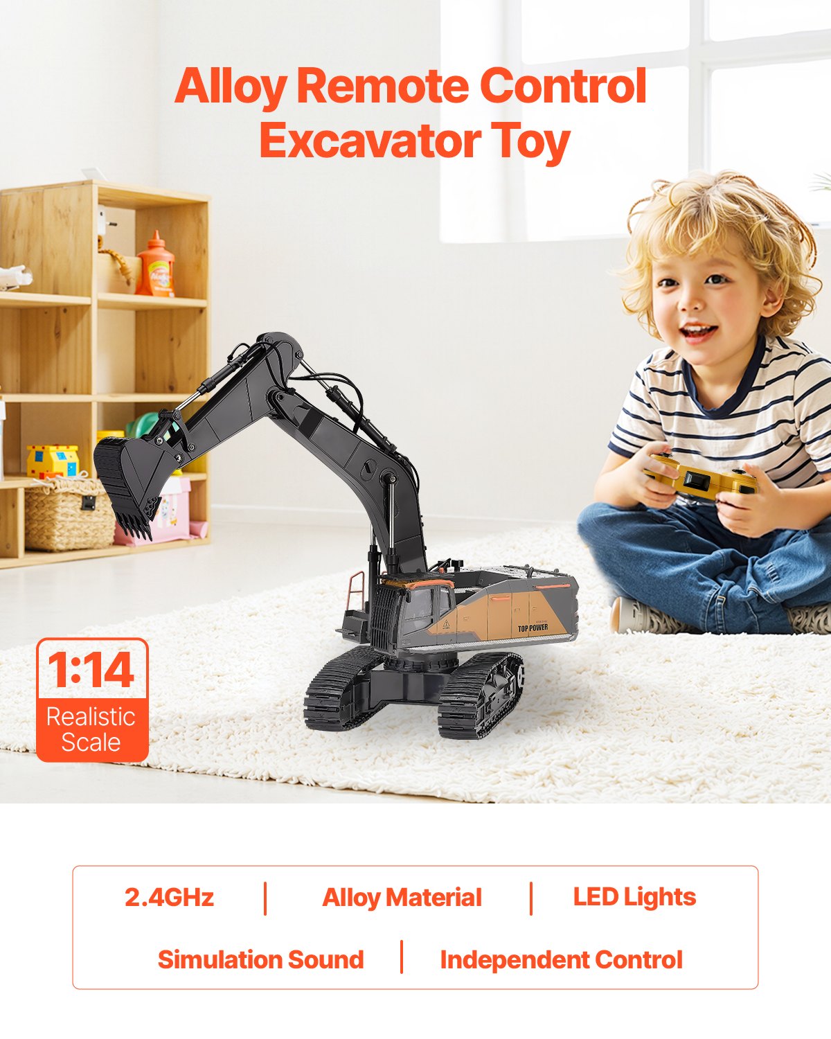 22-Channel Remote Control Excavator Toy | 1:14 Scale RC Construction Digger with Realistic Metal Arm, 360° Rotation & LED Lights | Heavy-Duty Engineering Vehicle for Kids & Beginners