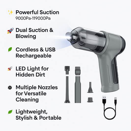 High-Power Handheld Car Vacuum Cleaner, 9000Pa Strong Suction Cordless Vacuum with LED Light, Multi-Nozzle Attachments for Car, Home & Office Cleaning