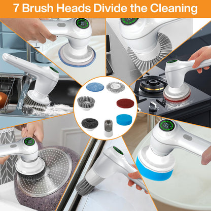 Multifunctional Electric Cleaning Brush, 6-in-1 Digital Display, 2-Speed Cordless Scrubber, Adjustable Heads for Kitchen, Bath, Car