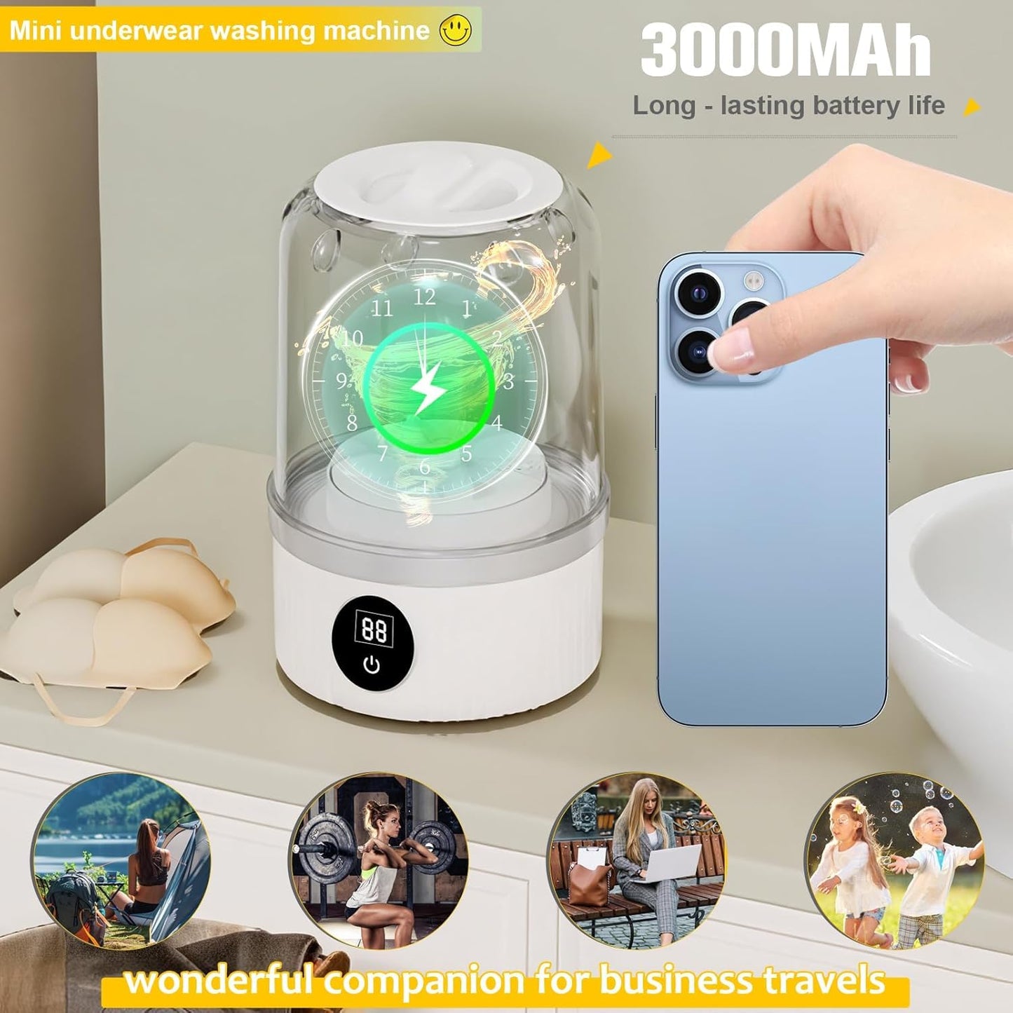 Portable Mini Washing Machine USB Rechargeable Travel Washer For Baby Clothes Underwear Socks Compact Foldable For RV Dorm Camping