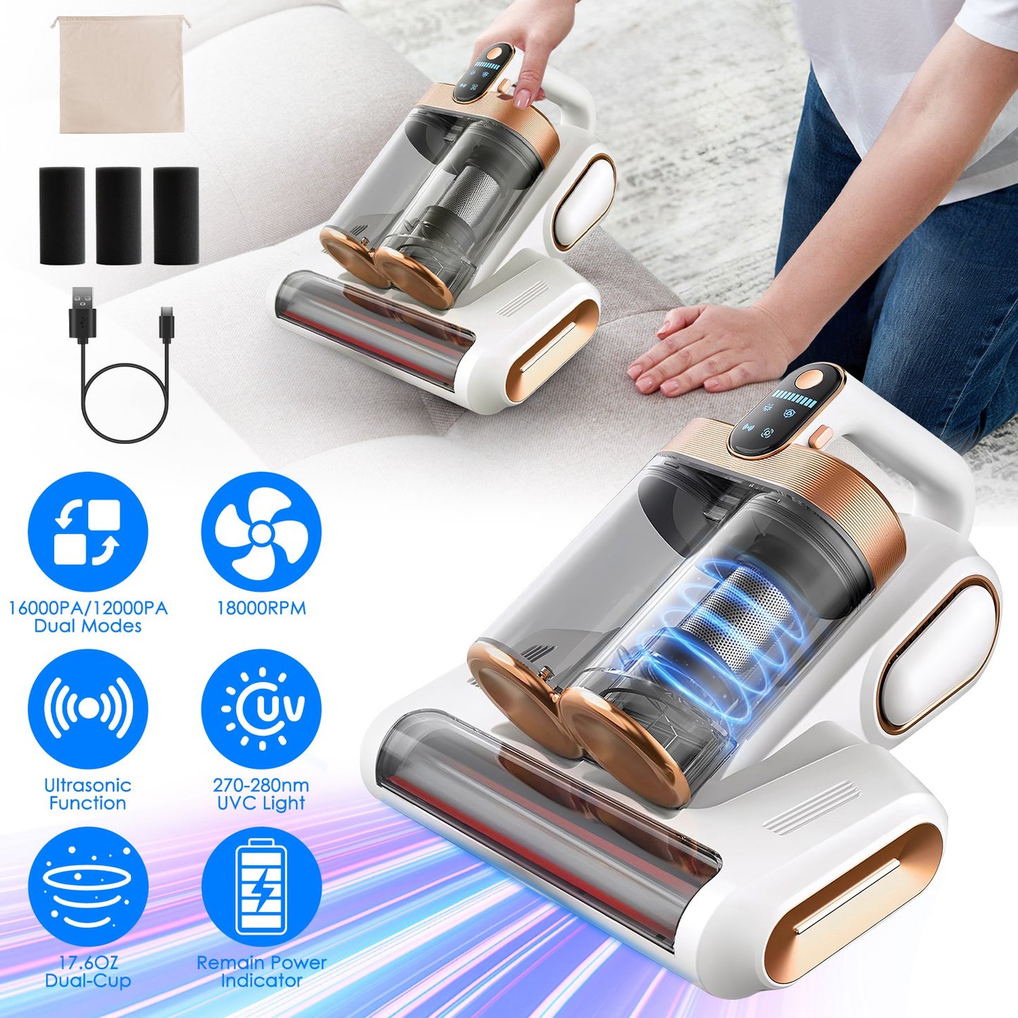 Mattress Vacuum Cleaner 16Kpa Bed Vacuum Cleaner Handheld Vacuums With Ultrasonic And UVC Light 18000 RPM Brushroll Rotation Dual Dust Bins Washable Filters For Bed Pillows Cribs Sofa