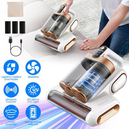 Mattress Vacuum Cleaner 16Kpa Bed Vacuum Cleaner Handheld Vacuums With Ultrasonic And UVC Light 18000 RPM Brushroll Rotation Dual Dust Bins Washable Filters For Bed Pillows Cribs Sofa