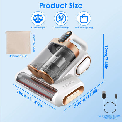 Mattress Vacuum Cleaner 16Kpa Bed Vacuum Cleaner Handheld Vacuums With Ultrasonic And UVC Light 18000 RPM Brushroll Rotation Dual Dust Bins Washable Filters For Bed Pillows Cribs Sofa