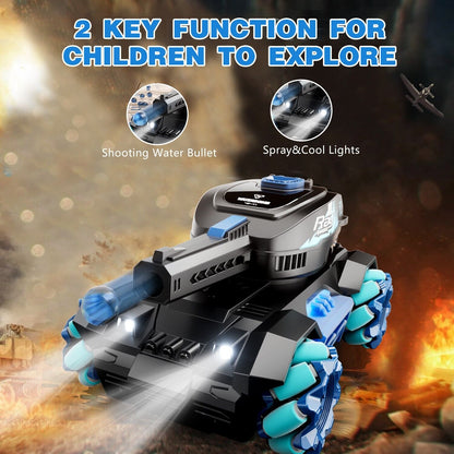 RC Tank Toy with Four-Wheel Drive Power | 2.4GHz Remote & Gesture Control | All-Terrain Stunt Vehicle | Water Bomb Shooting Action Toy for Kids & Teens