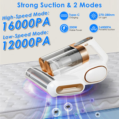 Mattress Vacuum Cleaner 16Kpa Bed Vacuum Cleaner Handheld Vacuums With Ultrasonic And UVC Light 18000 RPM Brushroll Rotation Dual Dust Bins Washable Filters For Bed Pillows Cribs Sofa