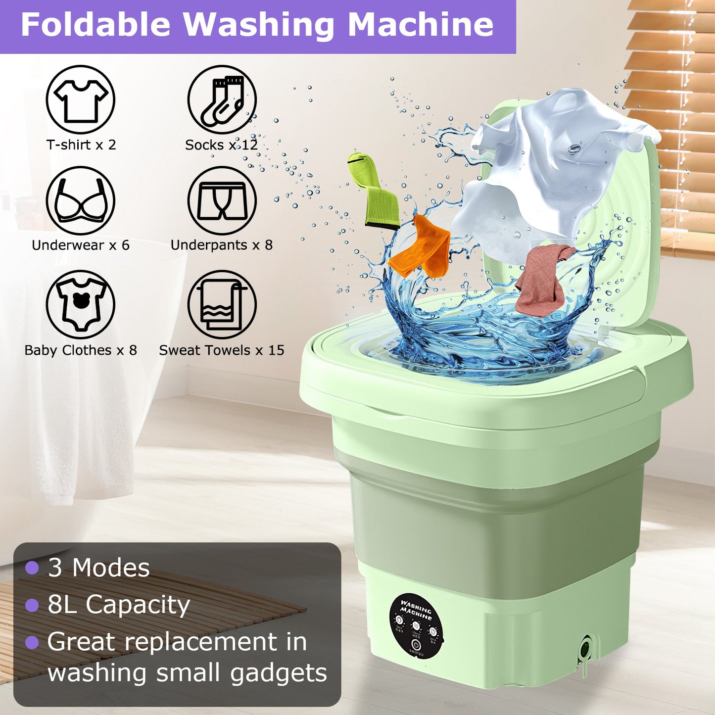Foldable  Washing Machine  Portable Laundry Machine With Detachable Drain Basket 3 Modes Electric Clothes Washer For Underwear Socks Towels Baby Clothes