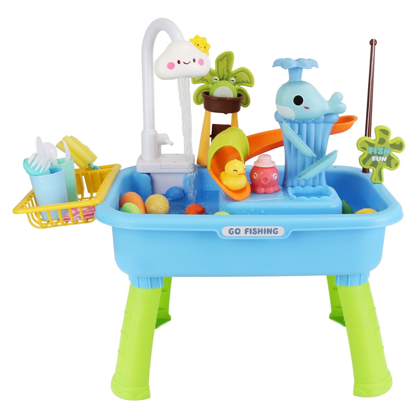 1Set 3 In 1 Kitchen Sink Toy With Electric Faucet Water Table Fishing Game Role Play Sink Set Indoor Outdoor For Kids Aged 3 Years Old