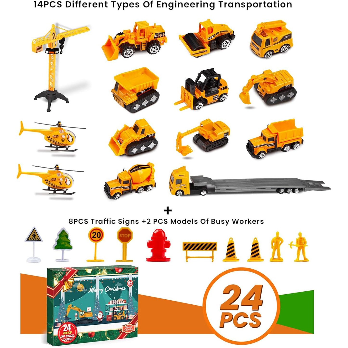 Kids Construction Toys Playset – 24PCS Cartoon Engineering Vehicles | Excavator, Bulldozer, Crane & Dump Truck | Imaginative STEM Toy Set | Holiday Gift for Boys and Girls Age 6+