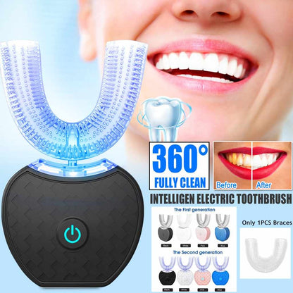 Smart 360° U Type Electric Toothbrush   Automatic Ultrasonic Toothbrush with Blue Light Whitening, Waterproof & USB Rechargeable