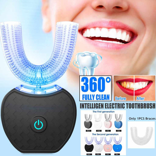 Smart 360° U Type Electric Toothbrush   Automatic Ultrasonic Toothbrush with Blue Light Whitening, Waterproof & USB Rechargeable