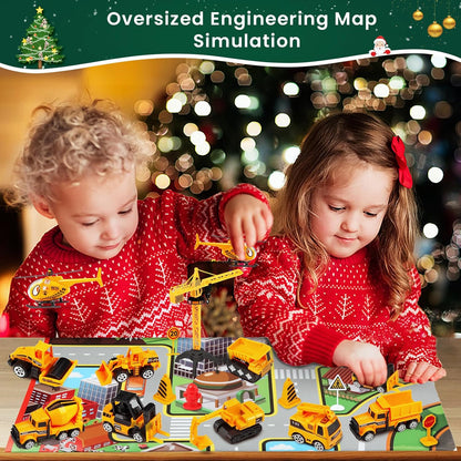 Kids Construction Toys Playset – 24PCS Cartoon Engineering Vehicles | Excavator, Bulldozer, Crane & Dump Truck | Imaginative STEM Toy Set | Holiday Gift for Boys and Girls Age 6+