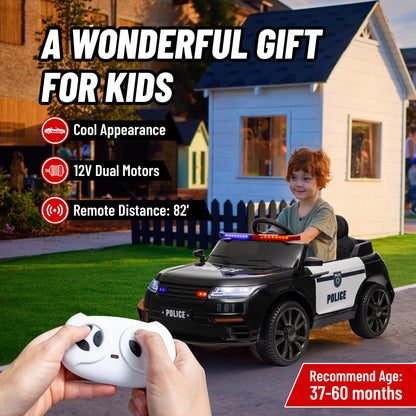 Qaba 12V Electric Ride-On Car for Kids, Battery-Powered Children’s Car with Remote Control, Music, Lights, Horn, 4-Wheel Suspension, Siren, Transport Wheels, Black